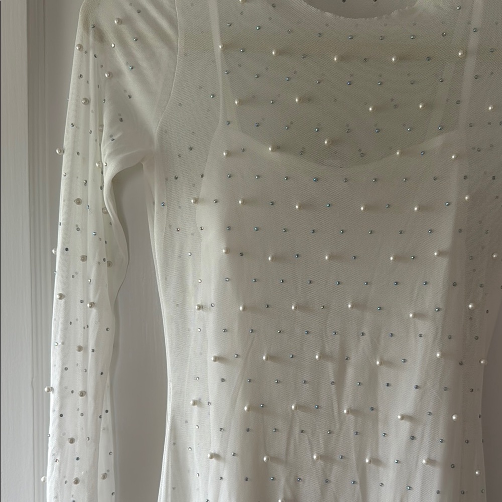 White Long Sleeve Mesh Dress with Pearl Detailing